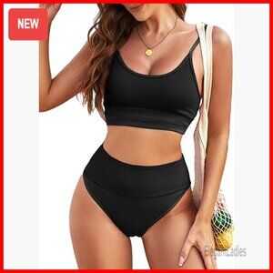 High Waisted Bikini Set, Ribbed Fabric, UPF 30, Plus Size Large